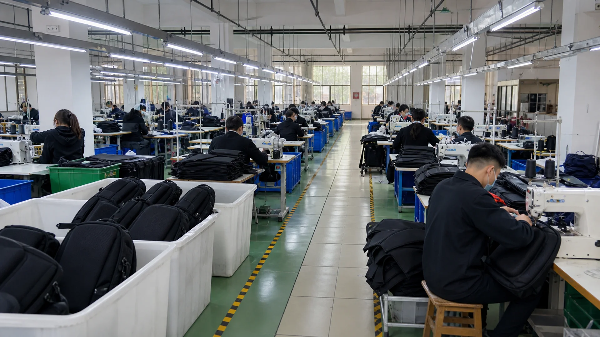 Active bag workshop with workers sewing backpacks