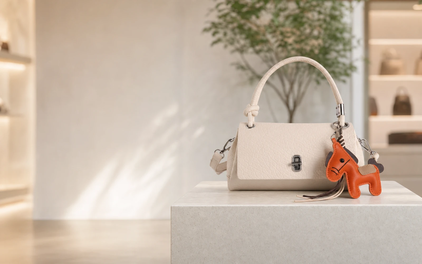 Cream women's handbag displayed in a modern boutique